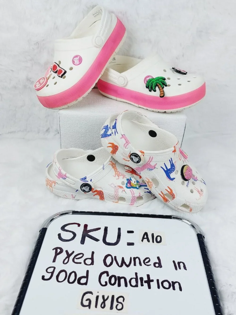 Set Of 2 Crocs Girl's White Pink Classic Platform Slip-On Casual Clogs Size 10
